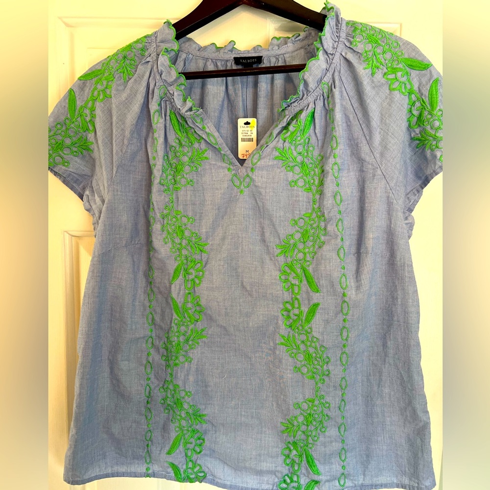 NWT Talbots chambray shirt with Kelly green embroidery.